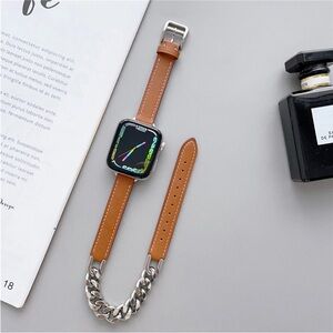 Brown Leather Apple Watch Band with Silver Chain